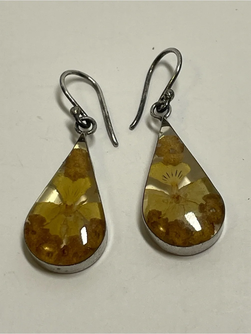 Vintage Sterling Silver 925 Earrings Dried Flowers In Resin Dangle Ati Mexico 5g